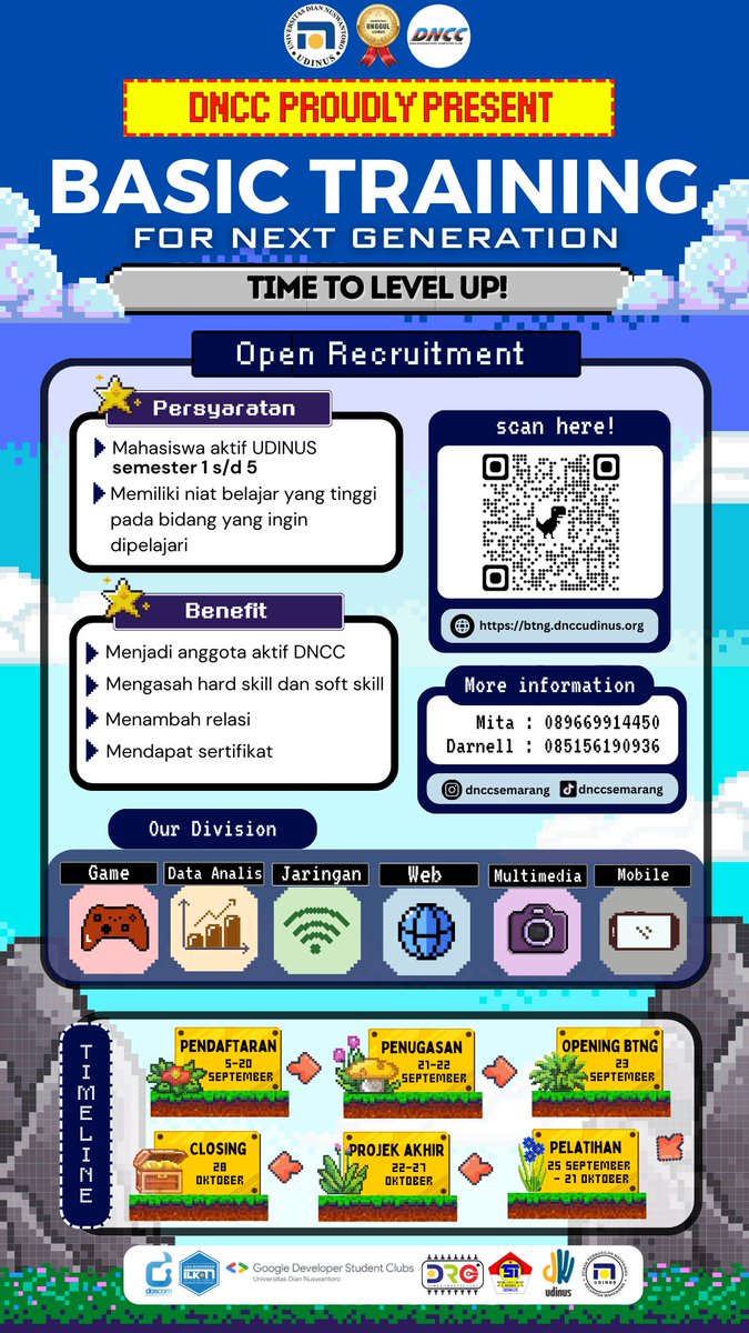 [OPEN RECRUITMENT BTNG 2023]

BASIC TRAINING FOR NEXT GENERATION
Berupa kepelatihan dasar yang dilakukan secara hybrid

Daftar melalui:
btng.dnccudinus.org

For More Information:
1. wa.me/6289669914450 (Mita)
2. wa.me/6285156190936 (Darnell)
3. instagram.com/dnccsemarang