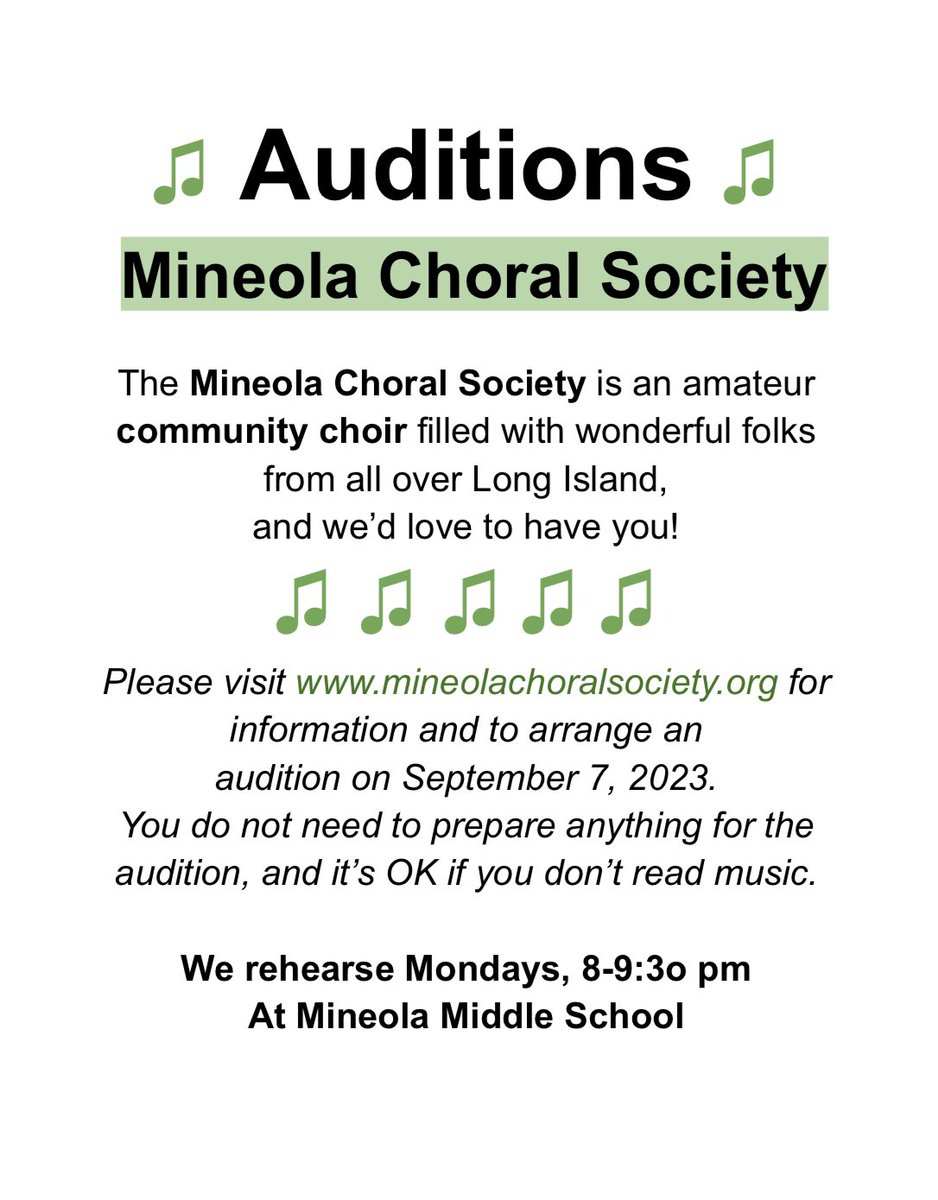 👀 Auditions are THIS WEEK for Mineola’s community choir! The Mineola Choral Society is not part of my teaching responsibilities at <a href="/mineolahs/">Mineola High School</a> , I just can’t get enough of joyful choirs so I took over this one! I can answer any questions and help you schedule an audition. 
⬇️⬇️⬇️