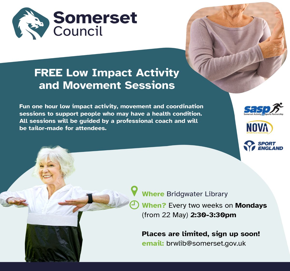 SomersetLib's tweet photo. Places now available on our FREE, fun low-impact interactive exercise sessions on September 11 &amp; 25 and October 9 &amp; 23!
Book via:
FBook message - Somerset Libraries Bridgwater
Email brwlib@somerset.gov.uk
Call 0300 123 2224 or speak to a member of staff in the library https://t.co/uXnCvSgzhI