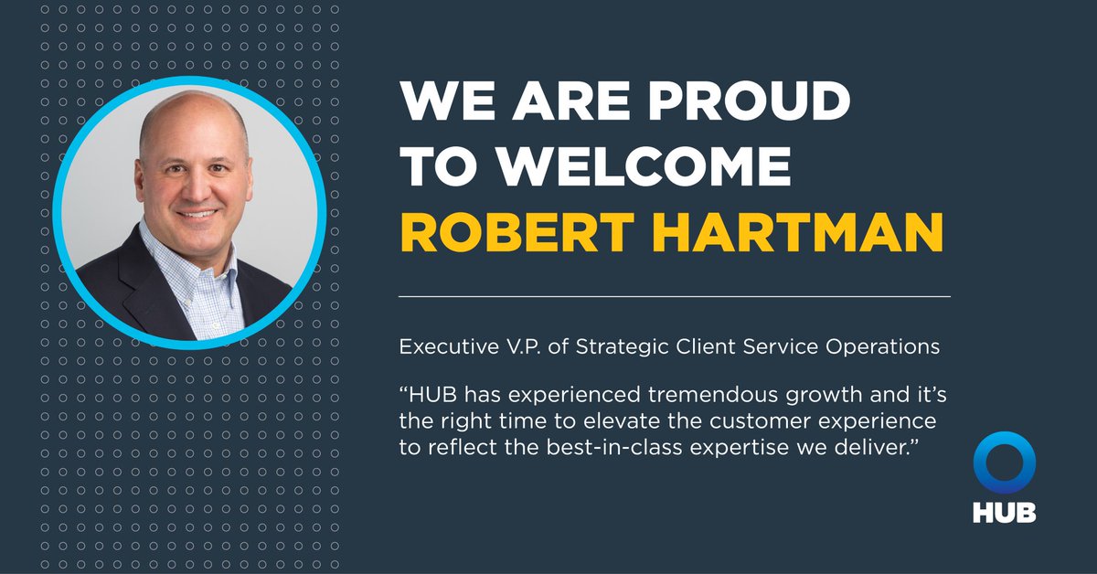 HUBInsurance's tweet image. We&apos;re thrilled to welcome Robert Hartman to HUB. Rob joins HUB as our Executive Vice President of Strategic Client Service Operations and a member of our Executive Management Team.  ow.ly/EYmN50PHPXz

#HUBInternational #LeadershipExcellence