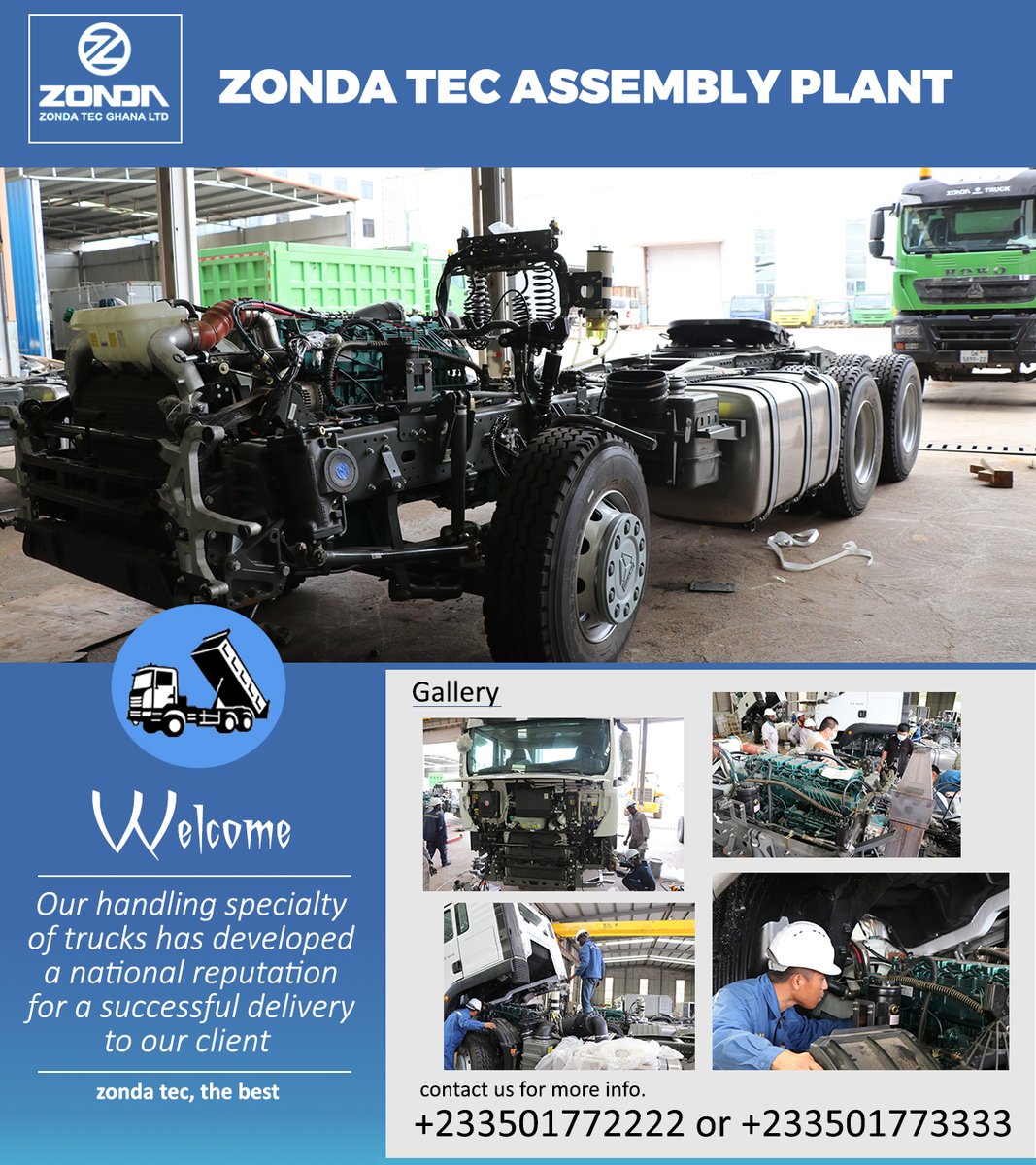Zondatecghana's tweet photo. Welcome to our Assembly plant.
Our handling specialty of trucks has developed a national reputation for successful delivery to our clients.
Contact us at +233501772222 or +233501773333 for more information. https://t.co/EB6yOsgEau