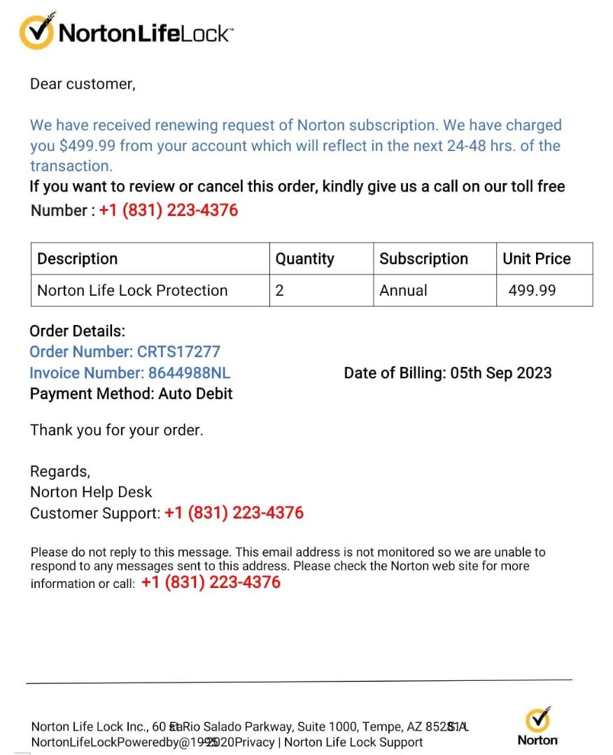 aurora77710's tweet photo. Fake Norton $499.99 bill #SCAM 8312234376

@nikkivsscammers @CjScams @DanGleeballsYT @thefakershow @deeveeaar @DeyOClub @Harvey35178773 @IamAlogical @Kpt_Kerosive @MScambait @Sdh2355 https://t.co/n0r0ZZspEd