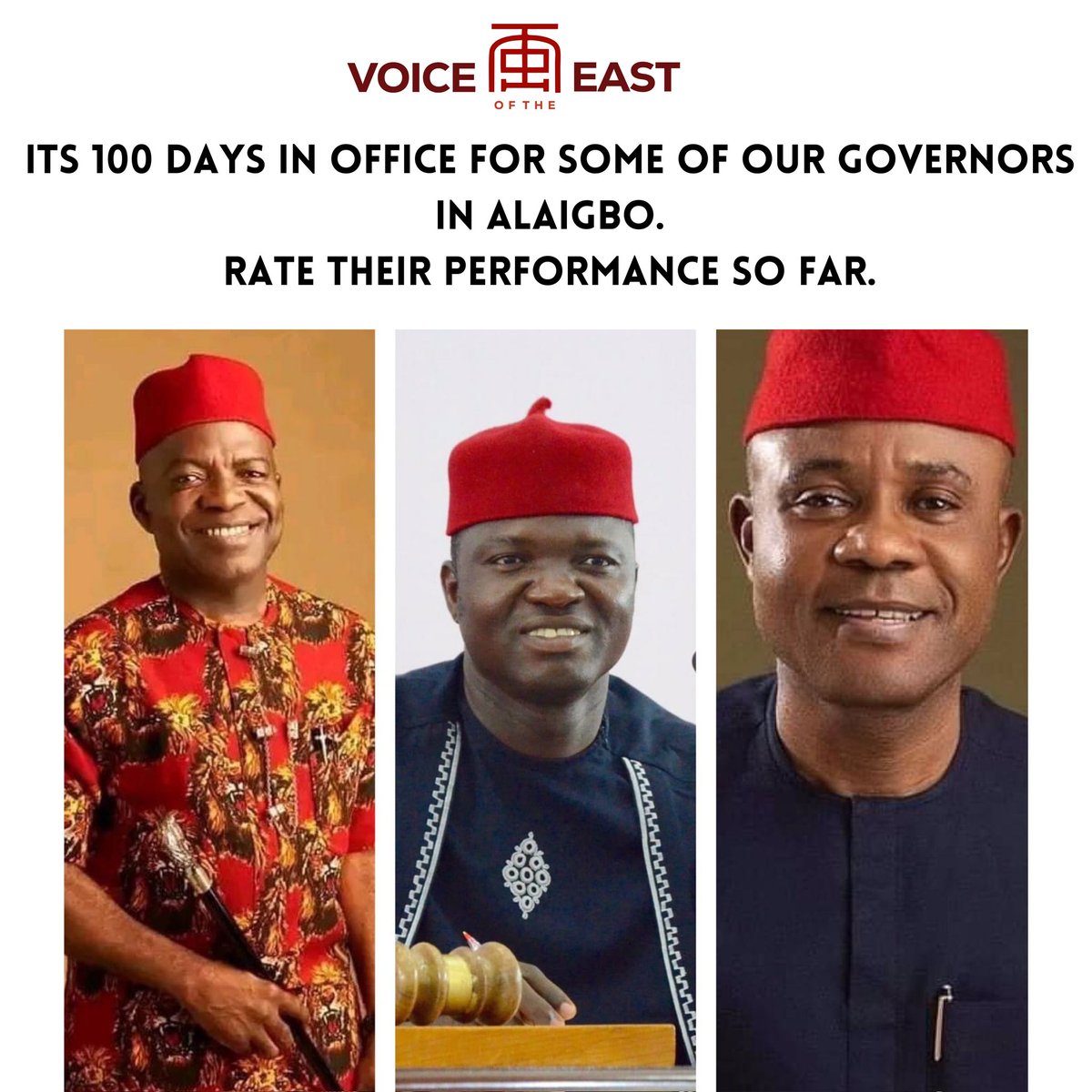 VoiceOfTheEast's tweet photo. It's 100 days in office for the Abia, Enugu, and Ebonyi state Governor.
Rate their performance so far.
#WakeUpAndWork https://t.co/g7Q668AkgE