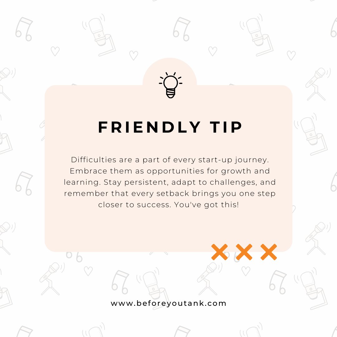 Difficulties are a part of every startup journey. Embrace them as opportunities for growth and learning. Stay persistent, adapt to challenges, and remember that every setback brings you one step closer to success. You've got this! #friendlytip #beforeyoutank