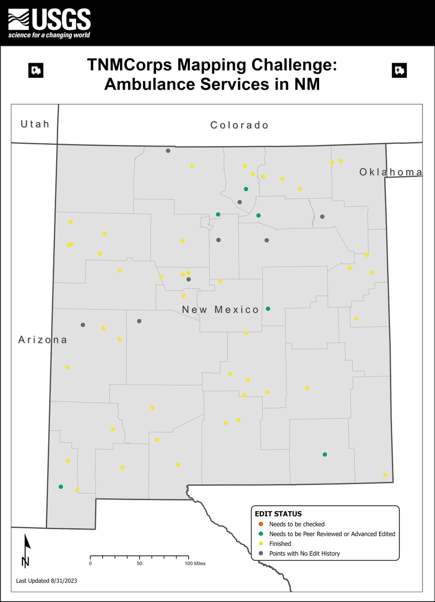 USGSTNM's tweet photo. Not too many ambulance points in New Mexico left to go; thanks for keeping this going! TNMCorps volunteers rock!
Want to participate? Go to https://t.co/BtJWraShrI
@FedCitSci #citsci #CitizenScience #USGS #TheNationalMap #TNMCorps #GIS #VGI https://t.co/9NrFXOlQFs