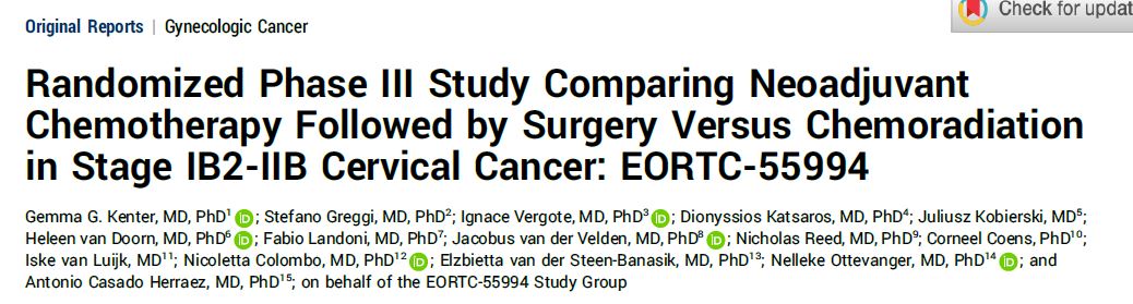 Important RCT for cervix cancer: EROTC-55994. Neoadj CT + surgery vs CRT. Better PFS(!) for standard CRT. Similar OS. 48% of patients who received ind. CT + S also required adjuvant RT. CRT (with brachytherapy!) remains standard of care for IB2-IIB cervix cancer. #radonc