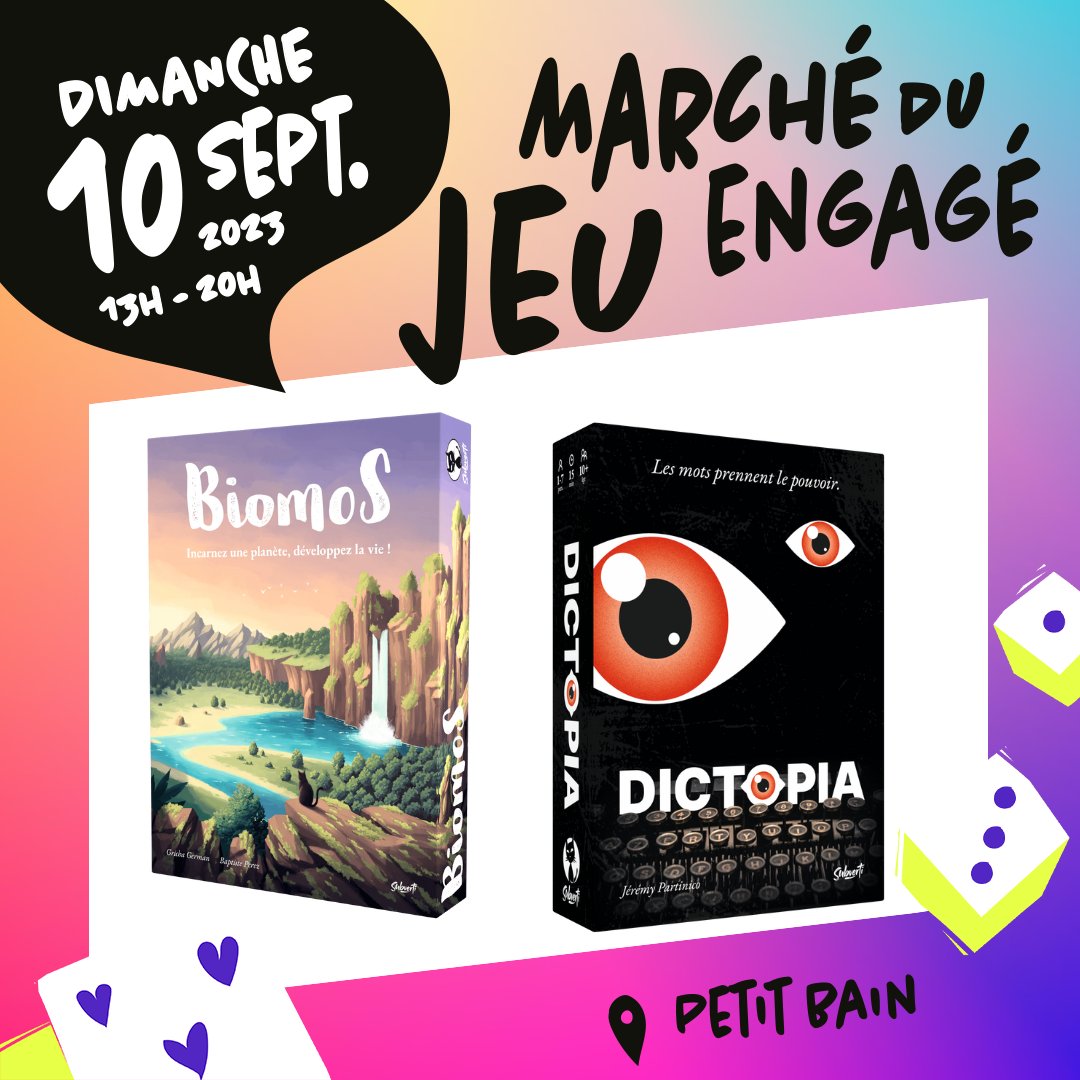 SubvertiGames's tweet photo. Ce dimanche, nous participons au Marché du jeu engagé au Petit Bain à Paris ! ✊
Vous pourrez retrouver Biomos et Dictopia mais aussi plein d'autres jeux d'autres formidables maisons d'éditions. 💜
#jeudesociete #jeuengagé #dictopia #biomos #petitbain #paris https://t.co/at4xZCHDDK