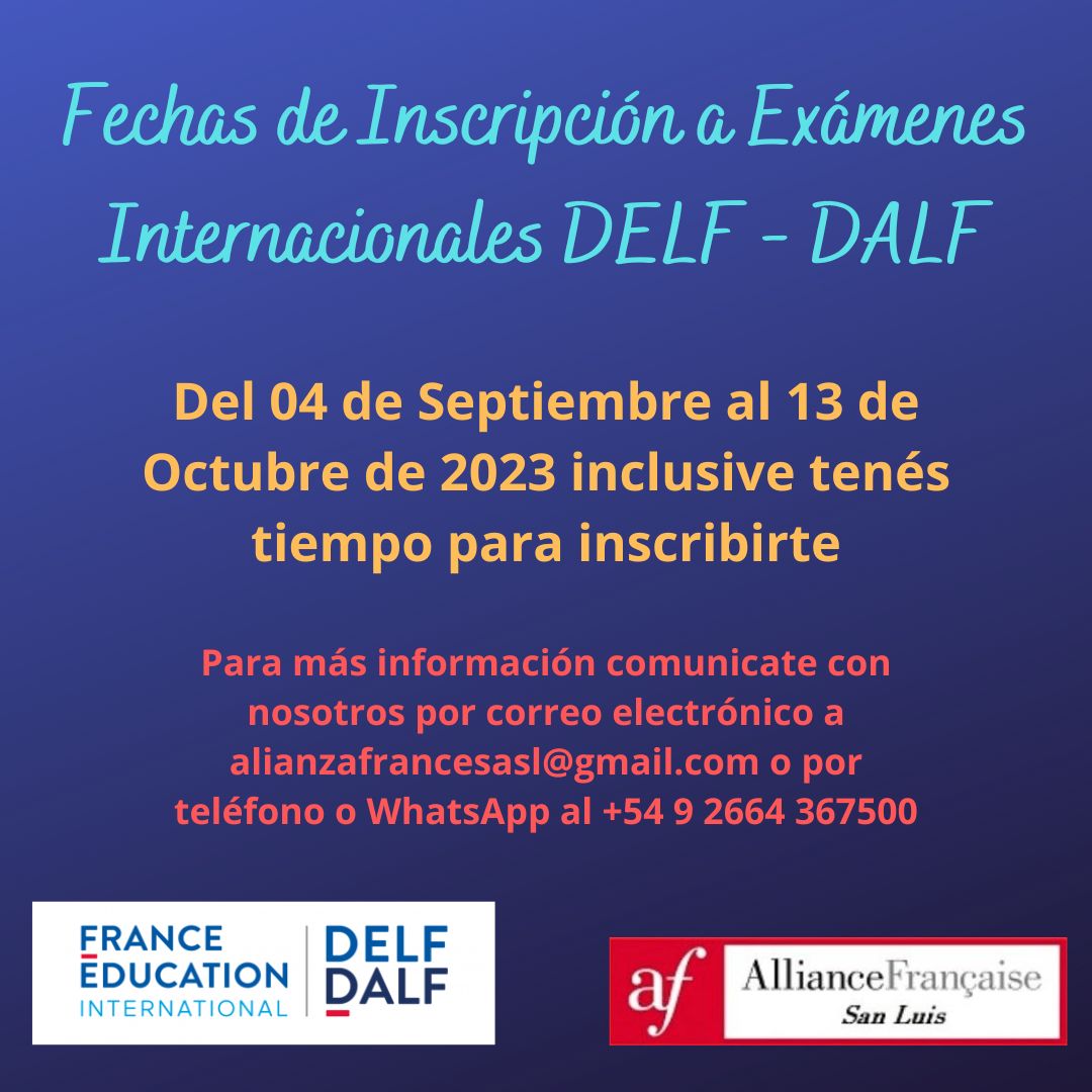 AFSanLuisArg's tweet photo. ¡Atención amigos!

Información importante sobre los exámenes internacionales DELF DALF

Se abren las inscripciones para la sesión Noviembre - Diciembre 2023 

Por cualquier información podes escribirnos por mail a alianzafrancesasl@gmail.com o por teléfono/WhatsApp al 266-4367500 https://t.co/5wZsO6Q3wV