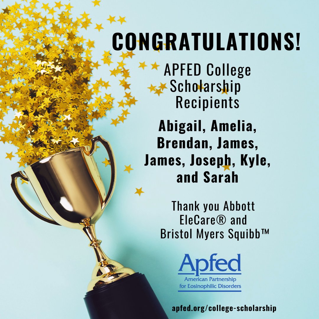 APFEDorg's tweet photo. Congratulations APFED College Scholarship Recipients! There were many impressive applications, and we received more than any year. Thank you Abbott EleCare® and Bristol Myers Squibb™ for supporting eight scholarships this year. https://t.co/8MBmrO7wXH
#APFED #CollegeScholarships https://t.co/kVqHApYaZL