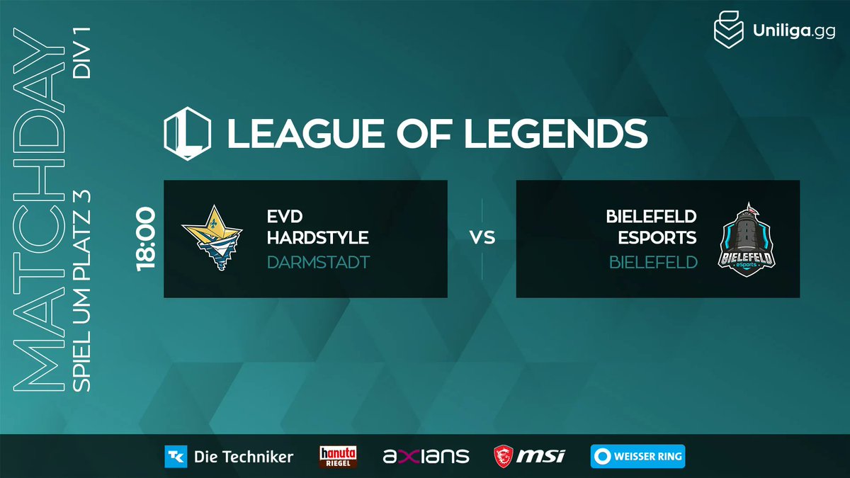 uniligaGG's tweet photo. #leagueoflegends 🧙 

Wir haben einen Termin für das Spiel um Platz 3 gefunden! Und der ist heute! In zwei Stunden actually, also einschalten! 👏 

⏰ 18 Uhr
📺 /uniliga
➡️ @1_evd Harstyle ⚔️@bielefeldesport  
🎤 @ProbablyCast &amp; @ovgutso https://t.co/YY07sOryr9
