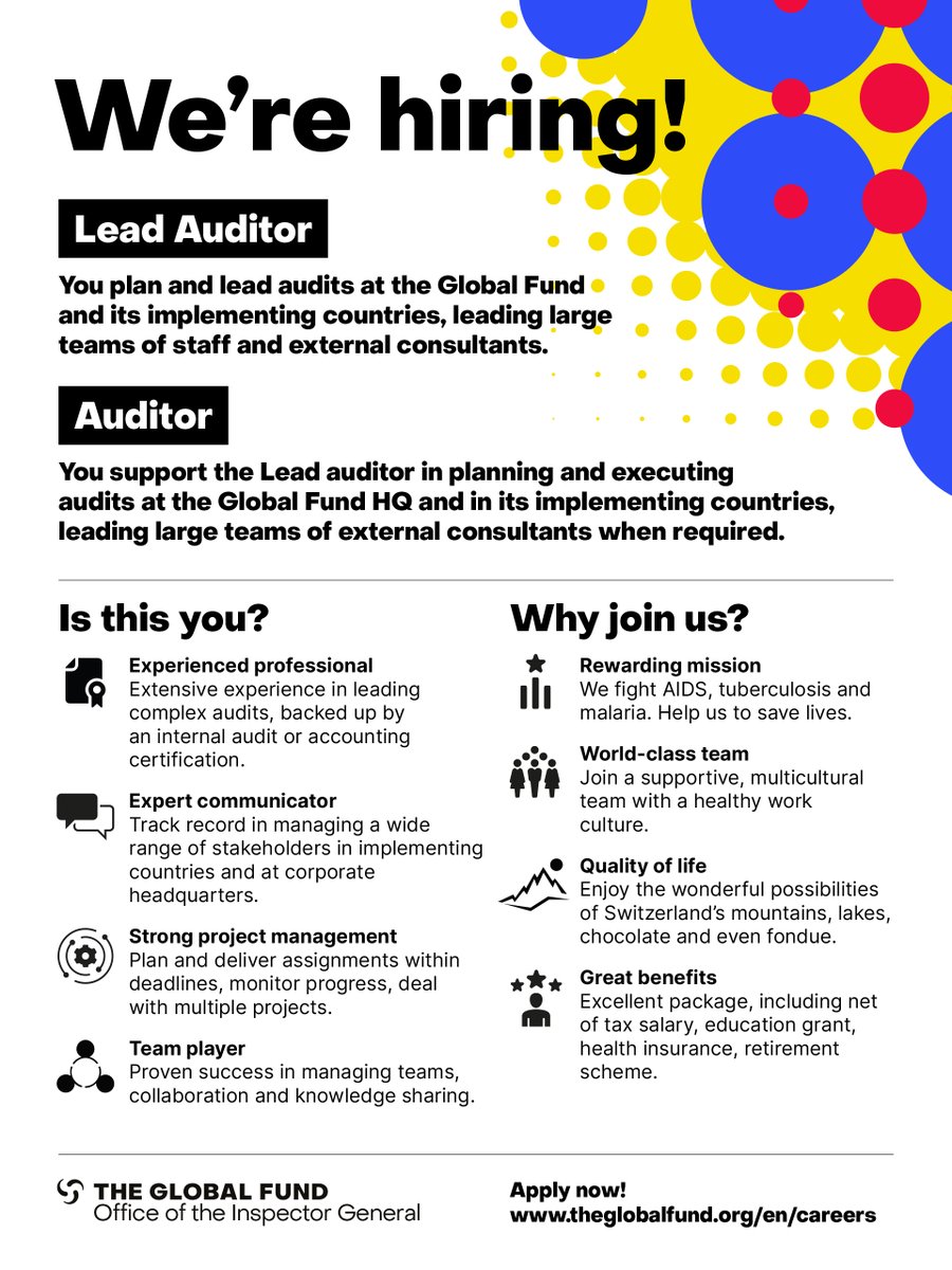 globalfund_oig's tweet photo. HIRING: join the Global Fund's Office of the Inspector General for an exciting career in #oversight within the fight against #HIV, #TB and #malaria. We're looking for both a Lead Auditor and an Auditor. 
Click here to find out more: https://t.co/pg8vkVXWcS #hiring #PublicHealth https://t.co/uQhfg2Fzw6