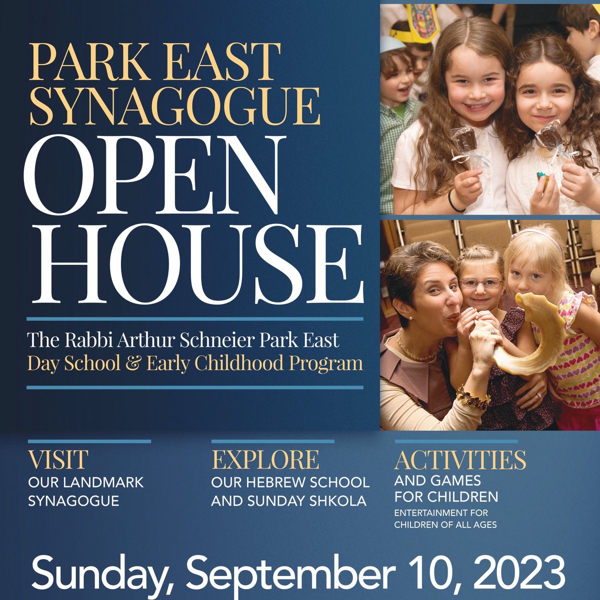 Discover Park East Synagogue: Free Open House on Sep 10, 11 AM - 1 PM. Engage with rich traditions, community warmth, educational programs. Historic landmark, Hebrew School, Day School, intercultural connections. RSVP for brunch, activities. All welcome! shor.by/iPwZ