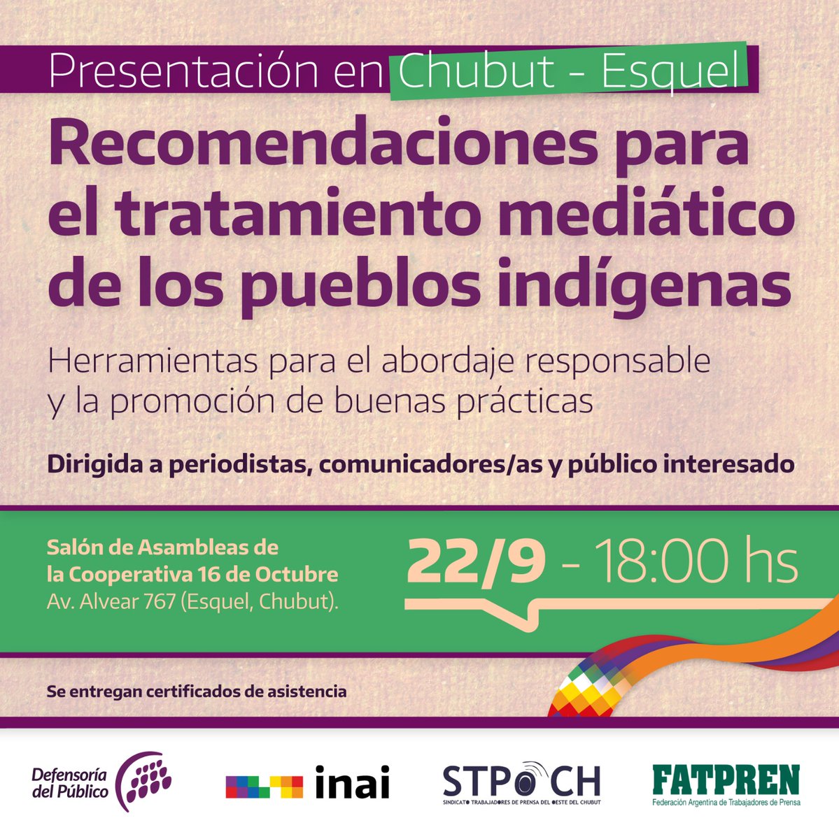 #Chubut Se hará una capacitación para abordar las "recomendaciones para el tratamiento mediático de los pueblos indígenas”, organizada por la FATPREN, el <a href="/siprenesquel/">Sindicato de Prensa Esquel</a>, la <a href="/DefdelPublico/">Defensoría del Público</a> y el INAI.

🔗 Nota completa fatpren.org.ar/2023/09/05/esq…