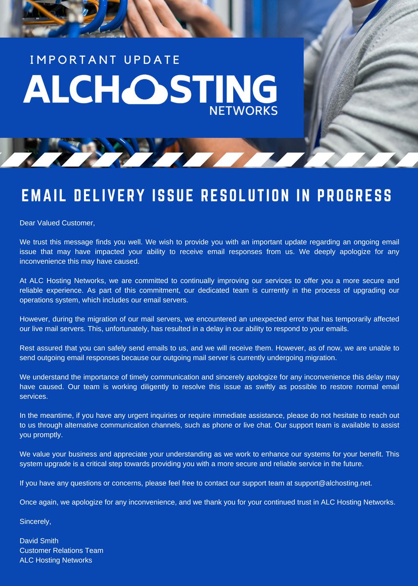 alchosting's tweet photo. 🚨 Important Update: Temporary Email Delay 📧

Dear Customers,

System upgrade in progress, causing email response delay. We're on it. For urgent concerns, please use phone or live chat.

Sincerely, 
ALC Hosting Networks
#ServiceUpdate #CustomerCare #EmailIssue https://t.co/gr7hp9Ei1v