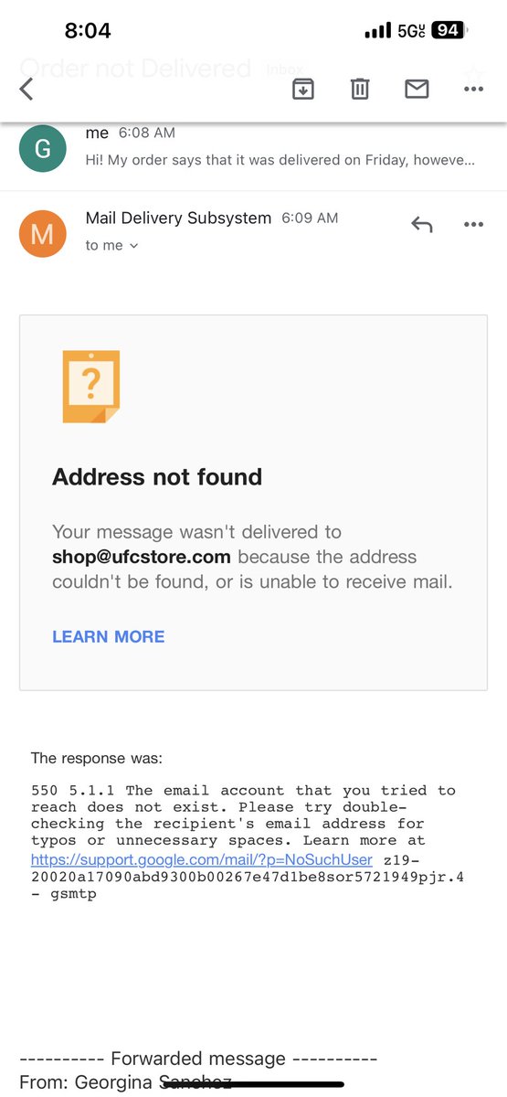 GeoginaSanchez's tweet photo. @ufcstore you customer service email keeps bouncing back and your customer service phone number just keeps ringing. I need help with and order not delivered https://t.co/stR1NLgDjw