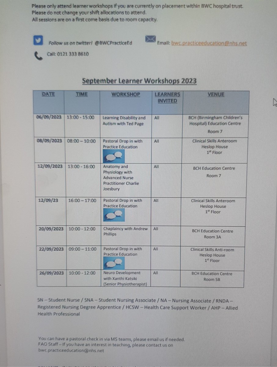 Septembers Learner Workshop Timetable below. 

Please attend if able to and if your are currently a student at BWCH.