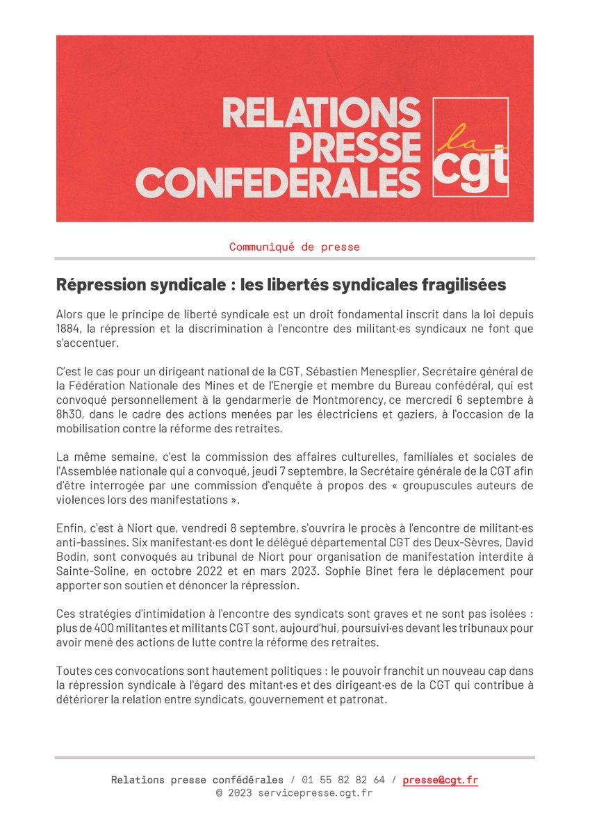 lacgtcommunique's tweet photo. 🔴 Répression syndicale : les libertés syndicales fragilisées !

🗓️ RDV demain à 8h30 devant la gendarmerie de Montmorency et vendredi 10h30 Place de la Brèche à Niort.

Communiqué de presse complet en version texte 👇
https://t.co/0Ro6cID3Y8 https://t.co/roYYpTMMkC