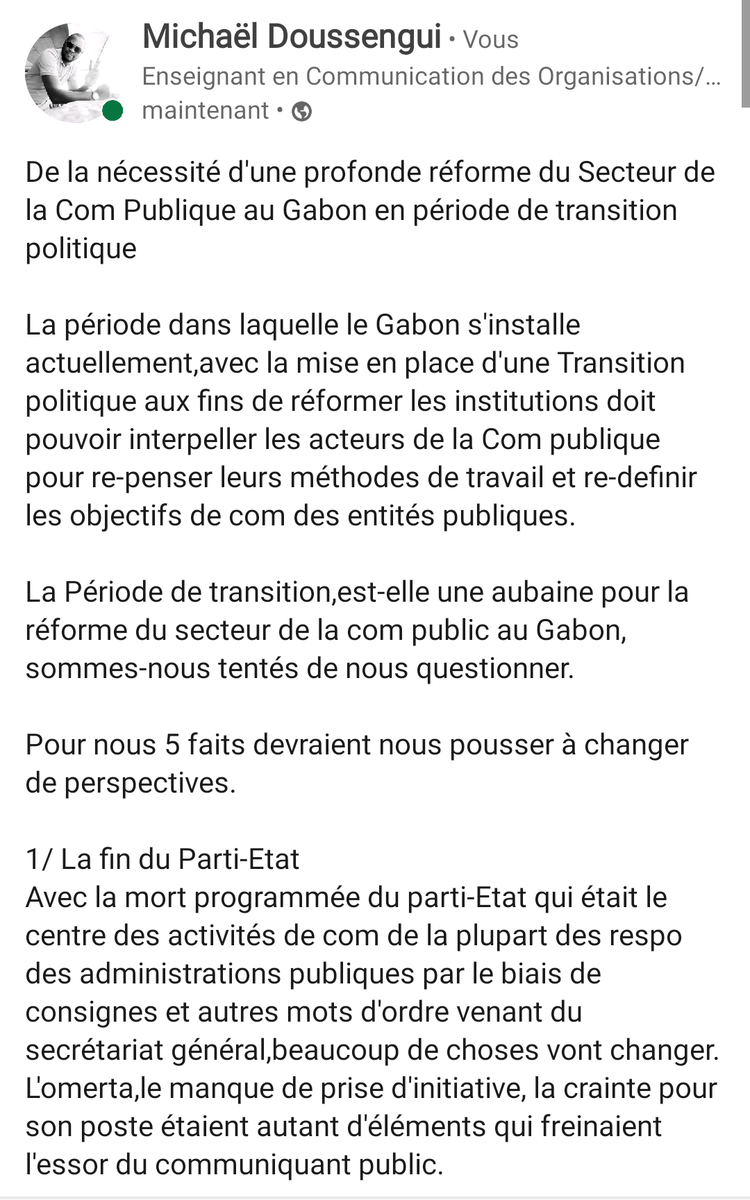 MikelDoussengui's tweet image. De la nécessité d'une profonde réforme du Secteur de la Com Publique au Gabon en période de transition politique

Retrouvez la totalité de mon analyse sur la question en suivant ce lien 👇#communicationpublique #Gabon
linkedin.com/posts/micha%C3…