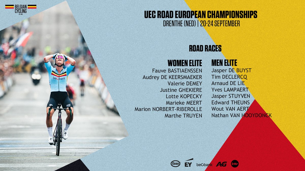 Discover our <a href="/BELCyclingTeam/">Belgian Cycling Team</a> for the Elite Road Races at the UEC European Road Championships in Drenthe 🇳🇱 | bit.ly/3Pq5uE1

#EuroRoad23