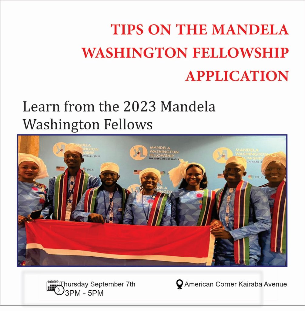 Don’t miss this wonderful session: 

Tips on the Mandela Washington fellowship application. Join us on Thursday the 7th of September 2023 at 3pm to learn more. 

Don’t miss it.