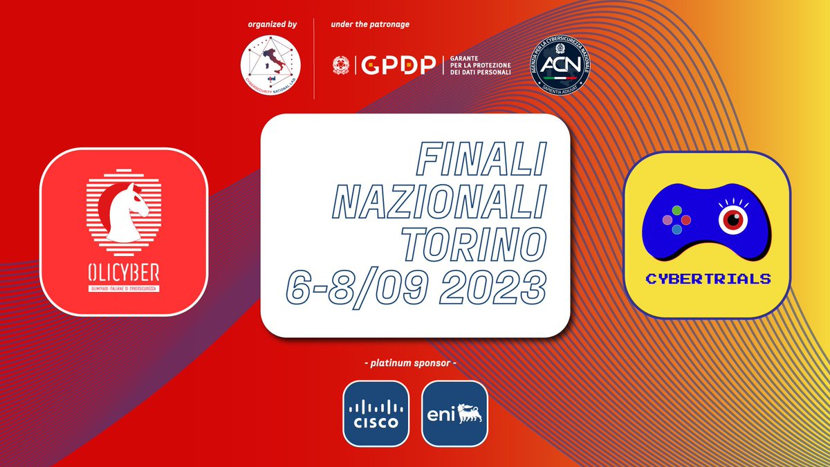 Cybersecurity National Lab (@cybersecnatlab) on Twitter photo Dal 6 all’8 settembre Torino è invasa dagli hacker (etici) per le finali di <a href="/OliCyberIT/">Olimpiadi Italiane di CyberSicurezza</a> e @cybertrials programmi di formazione avanzata nel campo della sicurezza informatica.
#OliCyber #CyberTrials #cybersecurity #scuola
cybersecnatlab.it/olicyber-e-cyb… Dal 6 all’8 settembre Torino è invasa dagli hacker (etici) per le finali di <a href="/OliCyberIT/">Olimpiadi Italiane di CyberSicurezza</a> e @cybertrials programmi di formazione avanzata nel campo della sicurezza informatica.
#OliCyber #CyberTrials #cybersecurity #scuola
cybersecnatlab.it/olicyber-e-cyb…