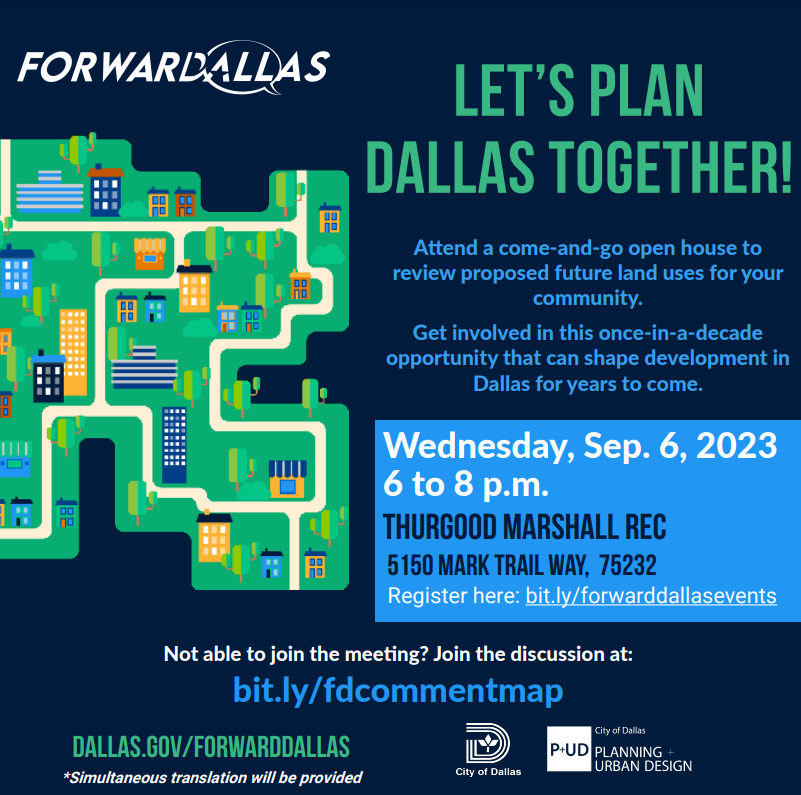 dallasplandev's tweet image. District 3, join us tomorrow evening at Thurgood Marshall as we discuss the latest draft map. 

Grab a neighbor, family and or friend and bring them to this once in a decade opportunity to shape development in their community. 

#ForwardDallas #CitypfDallas #ThingstodoinDallas