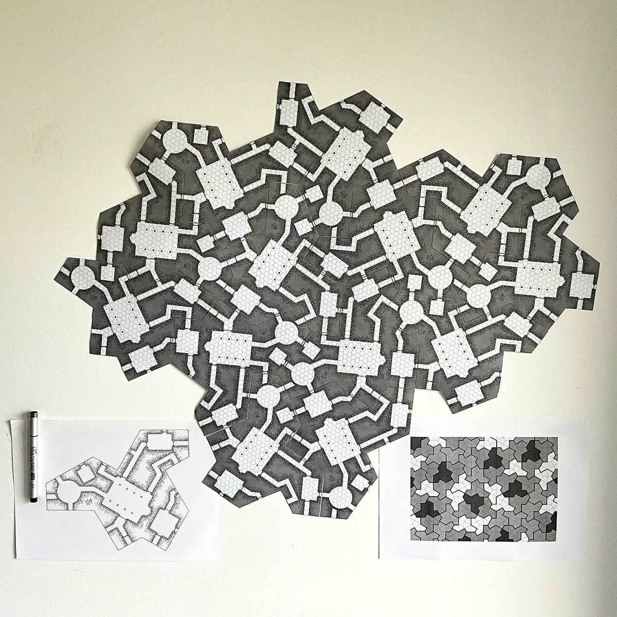 jogbrogzin's tweet photo. First of hopefully many variations of my Aperiodic Hex Dungeon Uni-tile
Thanks @numberphile_official
and @standupmaths
for getting me into these wonderful shapes 🥰
#aperiodicmonotile #einsteinmadhat #dungeontile #numberphile #mattparker #dungeonsanddragons #osrmaps #dnd #rpg https://t.co/uHzZxnvqe2