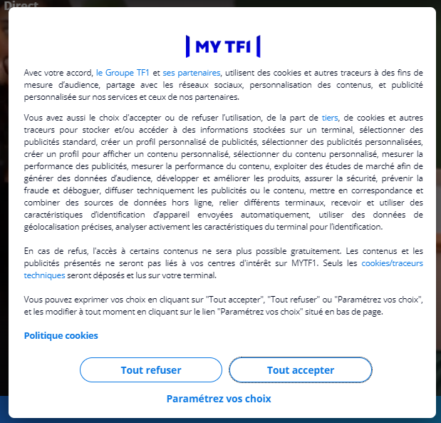 Dignilog (@dignilog1) on Twitter photo Mini breaking news tech : nous venons de dénicher la première bannière de cookies intégrant le TCF 2.2 de l'<a href="/IABEurope/">IAB Europe</a> : c'est celle de <a href="/TF1/">TF1</a> 🧵 Mini breaking news tech : nous venons de dénicher la première bannière de cookies intégrant le TCF 2.2 de l'<a href="/IABEurope/">IAB Europe</a> : c'est celle de <a href="/TF1/">TF1</a> 🧵