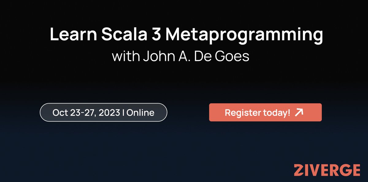 zivergetech's tweet image. Dive deep into #Scala3 Metaprogramming with @jdegoes on Oct 23-27. Gain a systematic introduction to macros, covering trees, expressions, inlines, givens, quoting/splicing, and more. Finish with the confidence to implement Scala 3 macros yourself. 💪 #workshop
Register today:…
