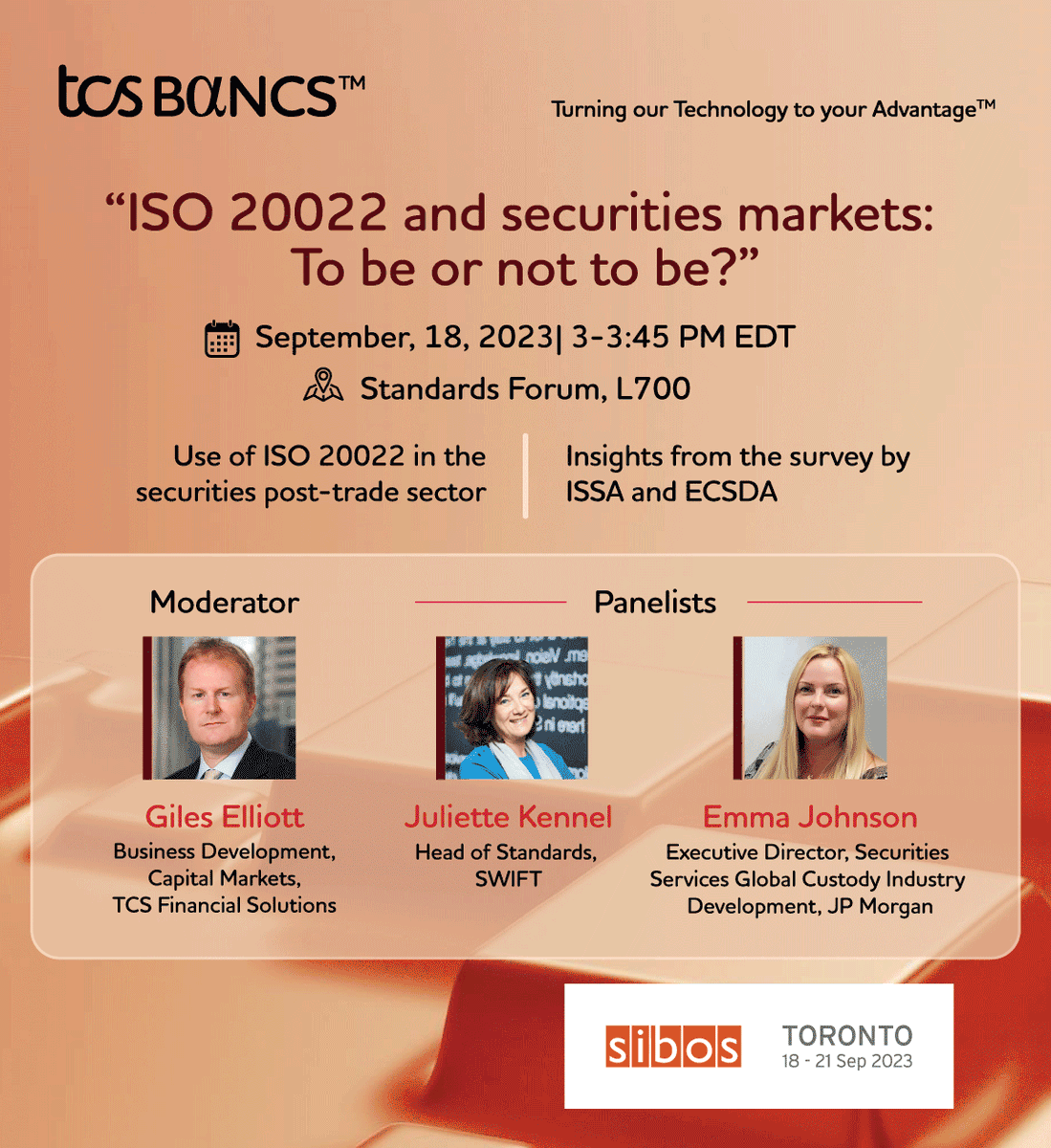 TCS_BaNCS's tweet photo. If you are at @Sibos, join Giles Elliott (TCS), Juliette Kennel (@swiftcommunity ), & Emma Johnson (@jpmorgan ) in a discussion on whether the securities market should join its payments counterparts on the journey towards #ISO20022 ?
https://t.co/9BRsYG2xeI
#sibos #postrade #tcs https://t.co/ephFfmUqhX