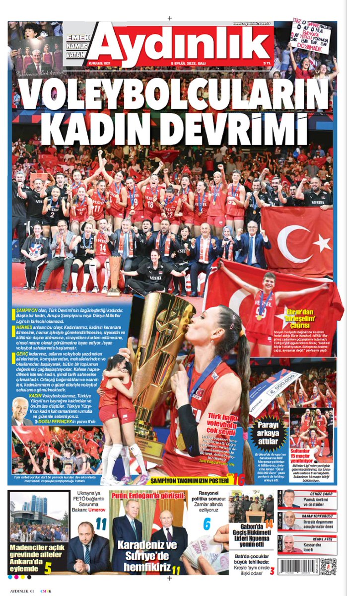 savaseskigulek's tweet photo. Bugün Aydınlık Gazetesi'nde 1. sayfada, 15 ve 16. sayfalarda sadece voleybol var! Tıpkı eskiden olduğu gibi 16. Milli Takımımızın Posteri. @AydinlikGazete Teşekkürler @ilkeryucell @TVForgtr @makifustundag #FileninSultanlari https://t.co/JPpNoCpdeR
