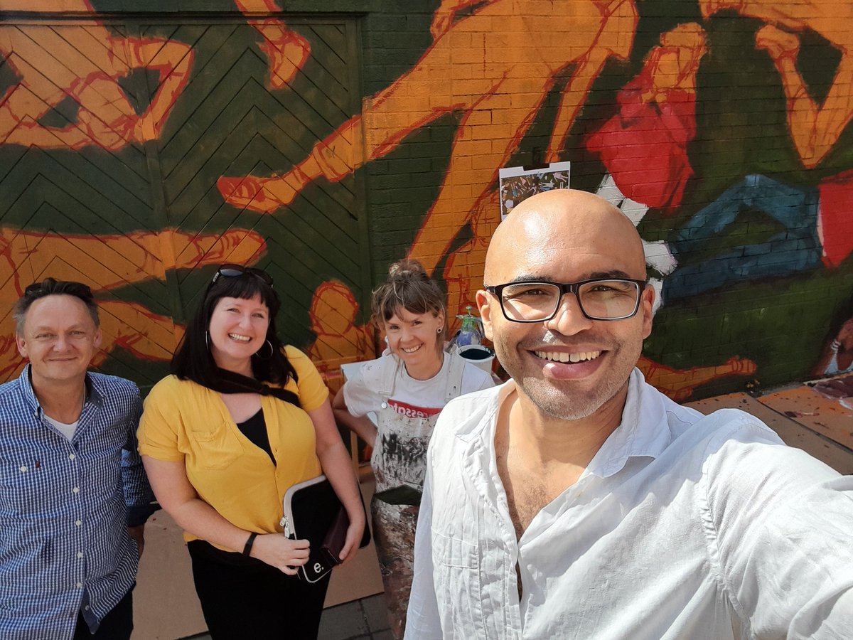 DeAthCardiff's tweet photo. In #StMellons to see street artist Helen Burr's #ReclaimtheSpace mural capturing the spirit of the local community, and to talk public engagement with the amazing @RhiannonWhite84 https://t.co/0gea2Mfcb0