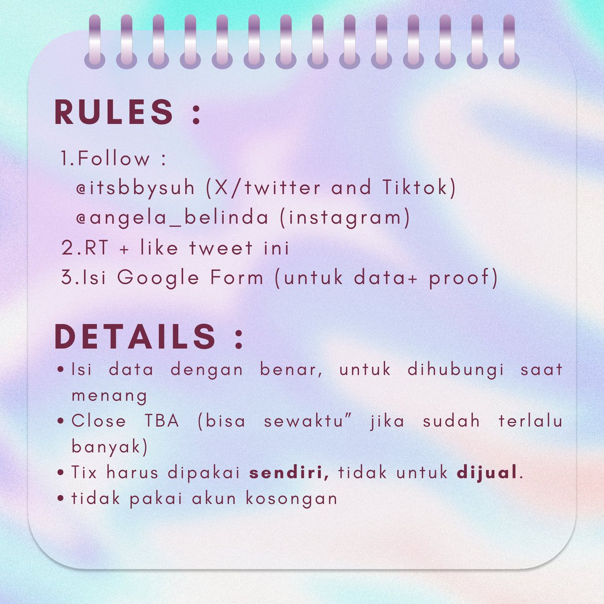 GIVEAWAY SMTOWN LIVE 2023 SMCU PALACE JAKARTA 🎟‼️

Rules (check pic) : 
-Follow akun di pic
-Retweet + Like tweet ini
-Isi Gform

forms.gle/HCRvcntw9zMd2L…

Good luck ✨️!!
end : TBA (bisa sewaktu")
#SMTOWN_LIVE_2023_JAKARTA 
#smtownjakarta2023 #SMCU_PALACE #SMTOWNLIVE