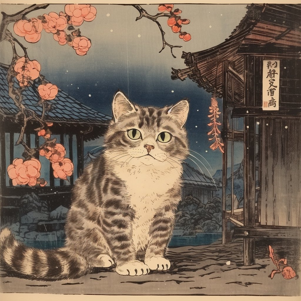 MeowtopiaChic's tweet photo. Embracing tranquility in a Japanese courtyard, where the curious whiskers of a feline wander.
#ukiyoe #ukiyoecate #kitty #meow https://t.co/ooar9WcZ52