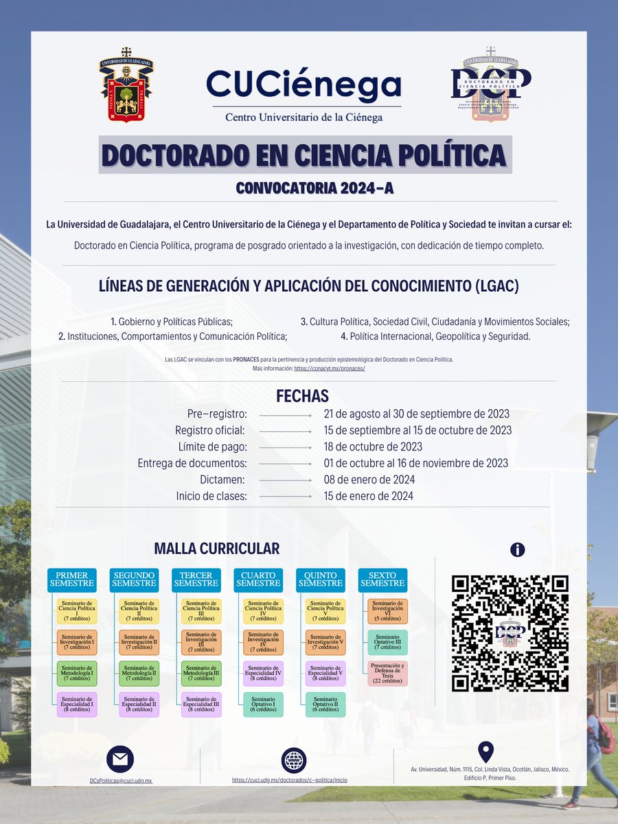 Desde la Coordinación del Doctorado en Ciencia Política, nos complace compartir la nueva convocatoria 2024-A. 🧑‍🏫✍️

· Pre-registro: forms.gle/R4UHzPBLE5oJsU…

· Información complementaria: cuci.udg.mx/contenido/conv…

#CienciaPolítica #CUCiénega