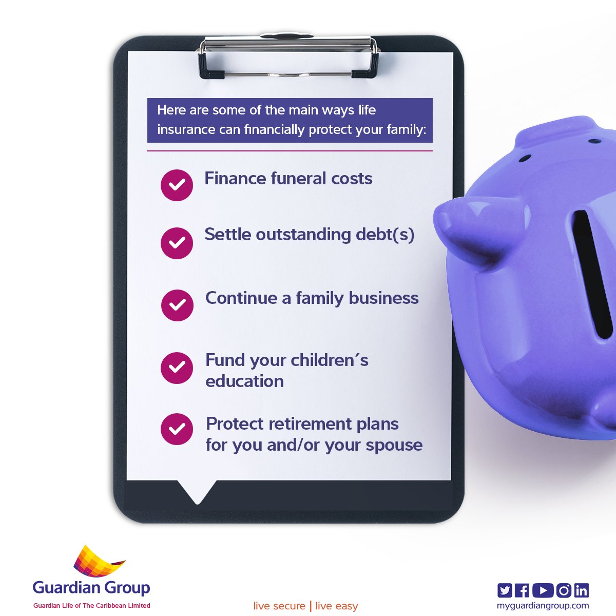 What are some of the main ways that life insurance can financially protect your family? Check out the list below!   Contact Guardian Life of The Caribbean Limited today at 226-myGG (6944).  #GuardianGroup #GuardianLife #livesecure #liveeasy #lifeinsurance