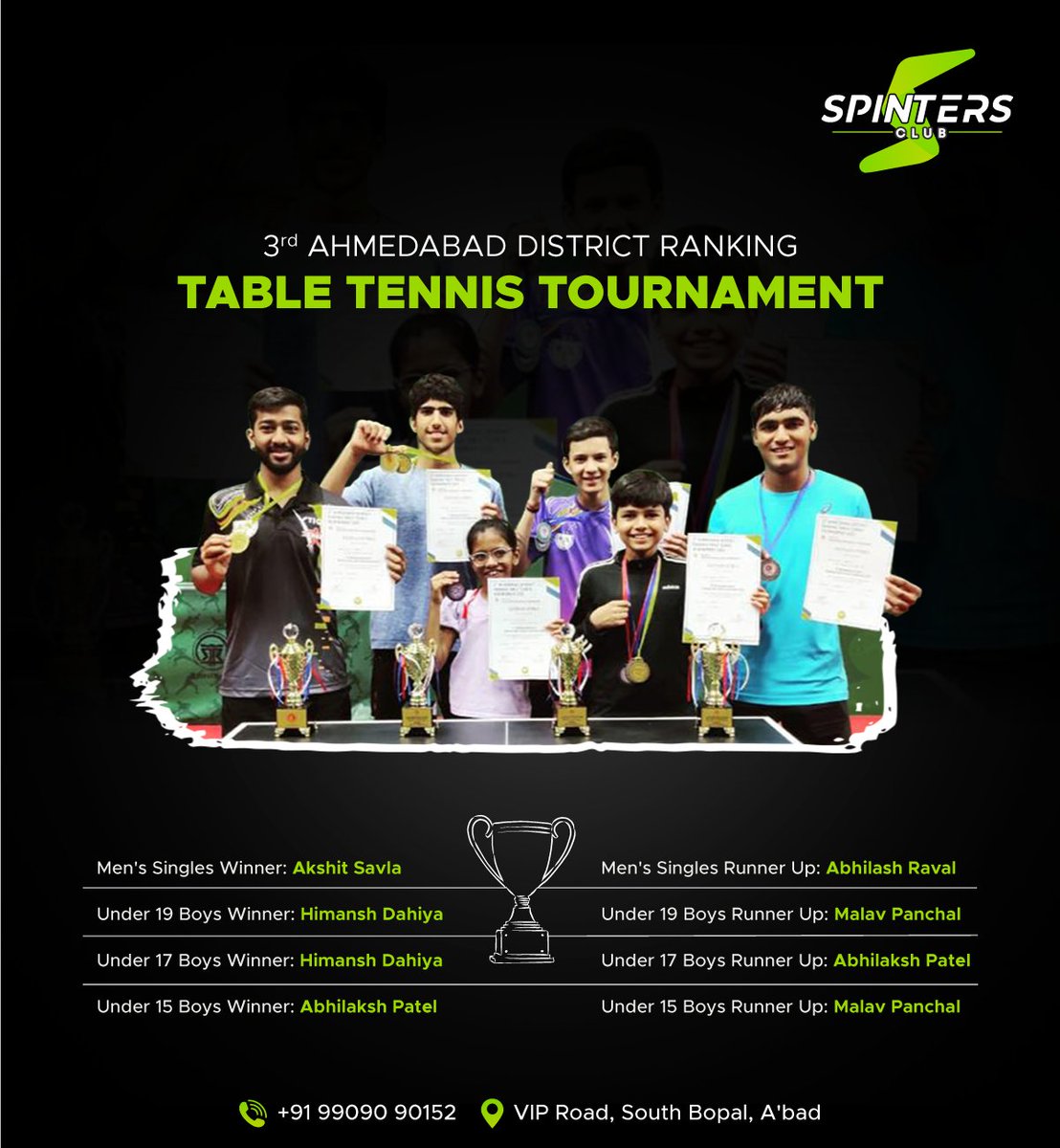 Spintersclub's tweet photo. The achievement board speaks it all! The dedication and hard work of our students and #tabletennis coach led to such a spectacular result in the 3rd #Ahmedabad District Ranking #TableTennisTournament. Three cheers for all the winners!

#SpintersClub #SportsAcademy #Sports https://t.co/OcYOIsnPfN