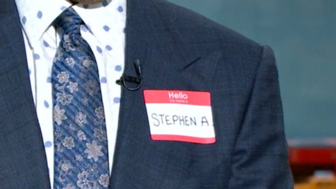 NFL_DovKleiman's tweet photo. After Shannon Sharpe continuously called Stephen A. Smith, "Skip" on the air yesterday, SAS figured out a way to help him.

He's wearing a name tag with his name on it 😄

https://t.co/sz3mCzsLyn

https://t.co/DcZ1BOZIsY https://t.co/vEVDh4FfWJ