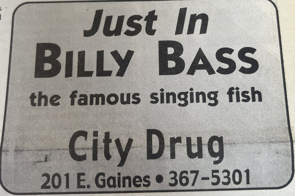 Advance1870's tweet photo. City Drug advertisement from the year 2000. Who else remembers this guy? Does anyone actually miss Billy Bass? #ThrowbackThursday #2000 #takemetotheriver https://t.co/3KDCNvrobJ