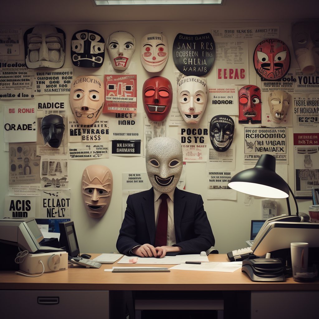 1950sPSA's tweet photo. “So I’m On S3/E8… And I’m Supposed To Be Handing Out New SAFETY EQUIPMENT 😂🤣😂” #art #aiart #eviloffice #masks #streamingaddict https://t.co/CJZvC19Qeu