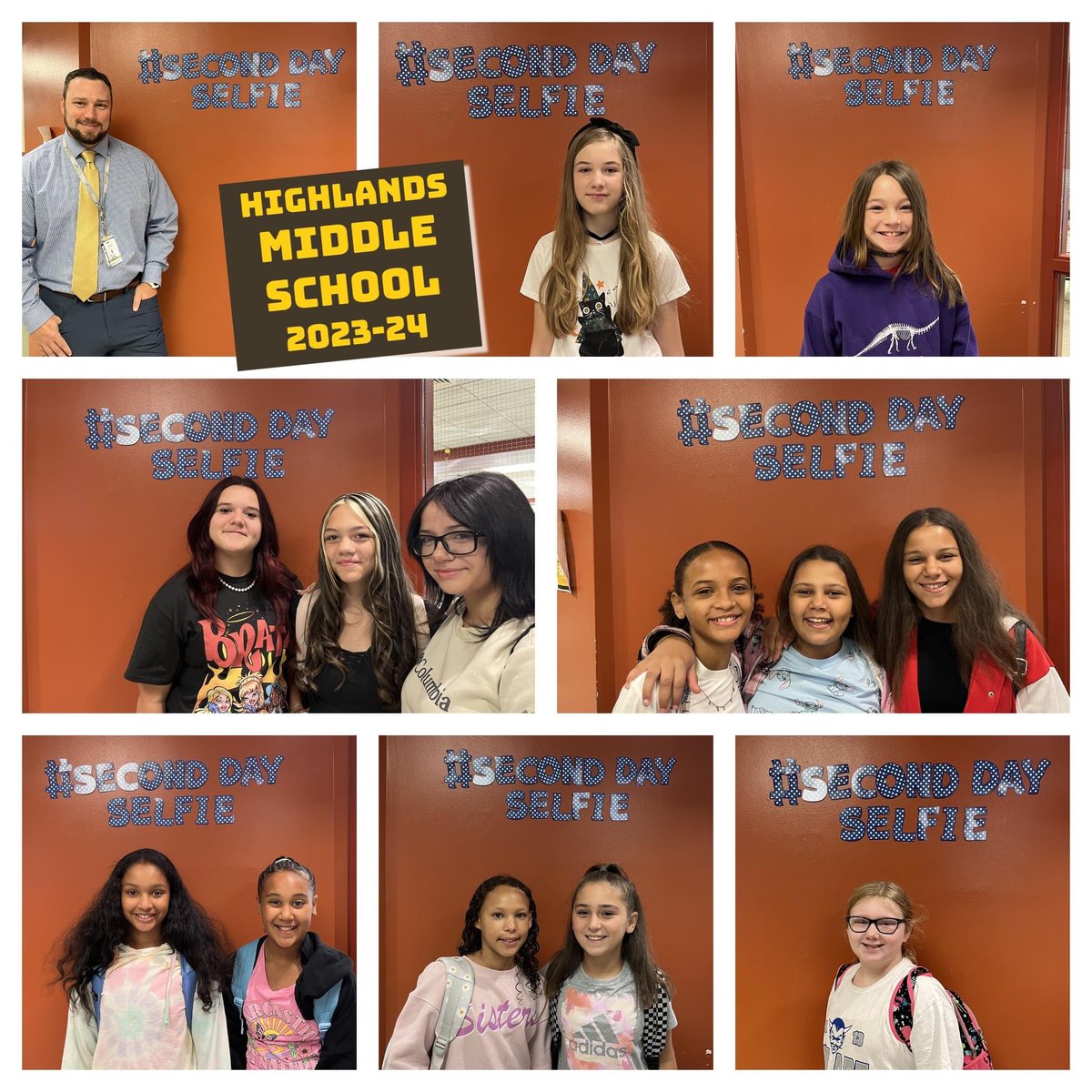 HighlandsSD's tweet photo. SECOND DAY SELFIES! Post #1 of 2! Middle School students and staff celebrated the beginning of the 2023-24 school year with #seconddayselfies on Sept. 1, the second day of school! Check out their smiling faces! 🥰😊 #RamPride #WeAreHighlands @MediaCenter_HMS https://t.co/MBVRXmLR1b