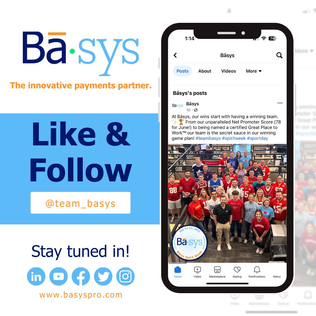 Big things are happening at Basys! 🎉 Like and follow us at <a href="/team_basys/">Basys</a> on LinkedIn, Facebook, X and Instagram to see why we are THE innovative payments partner. #teambasys #like #follow #trends #updates