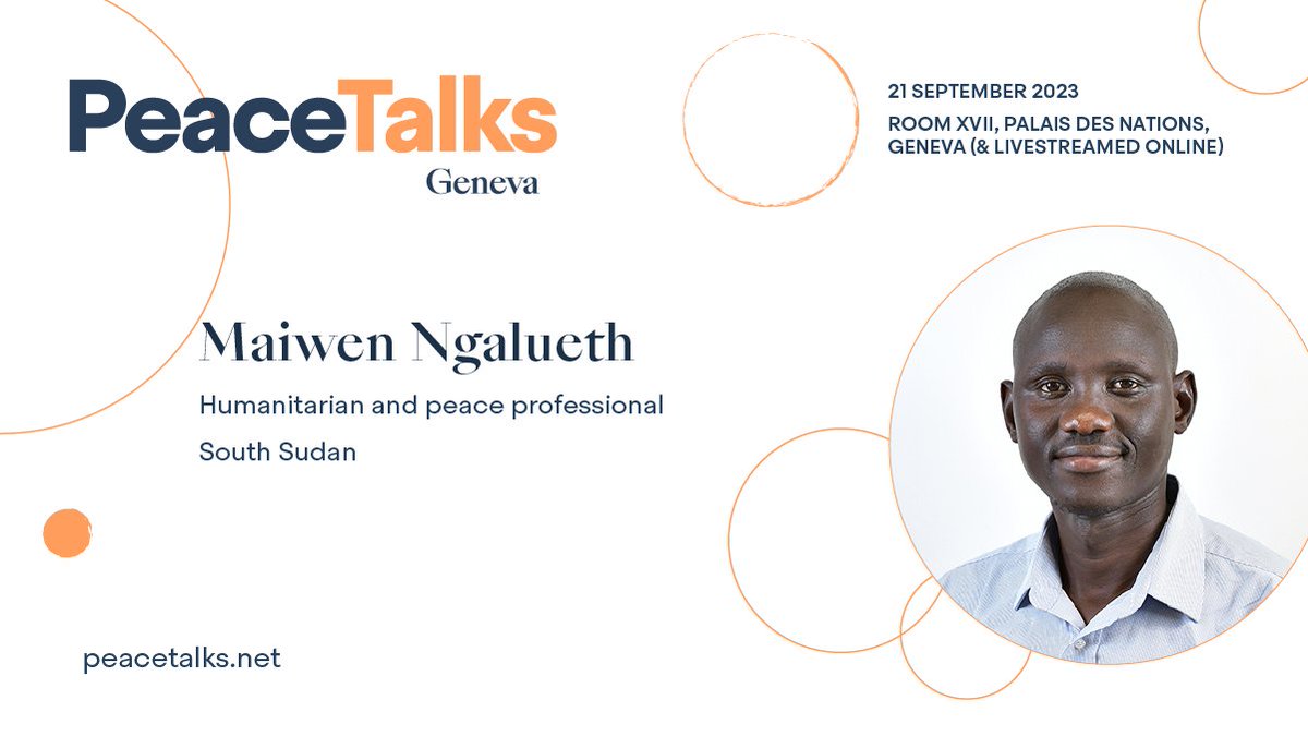 South Sudanese humanitarian, <a href="/MNgalueth/">Maiwen Ngalueth</a>, will join us at the #GVAPeaceTalks. He's the Regional Program Coordinator for East Africa <a href="/genevacall/">Geneva Call</a> &amp; is co-founder of multiple NGOs that seek to promote dialogue &amp; refugee participation. Register to attend 👇
peacetalks.net/pt/gvapeacetal…