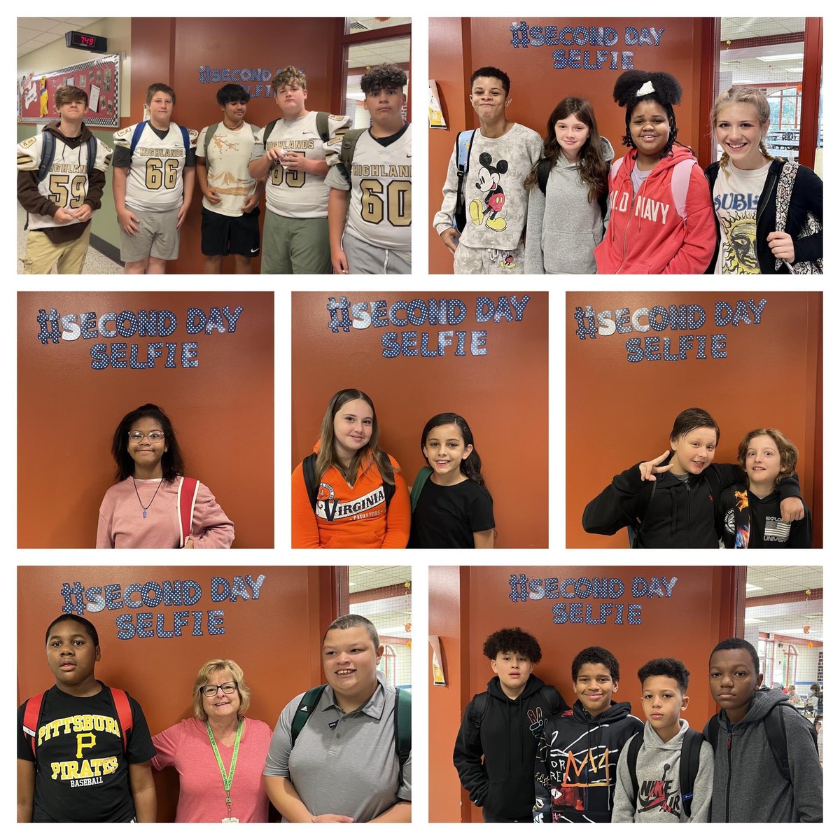 HighlandsSD's tweet photo. SECOND DAY SELFIES! Post #2 of 2! Middle School students and staff celebrated the beginning of the 2023-24 school year with #seconddayselfies on Sept. 1, the second day of school! Check out their smiling faces! 🥰😊 #RamPride #WeAreHighlands @MediaCenter_HMS https://t.co/ajXToyk3db