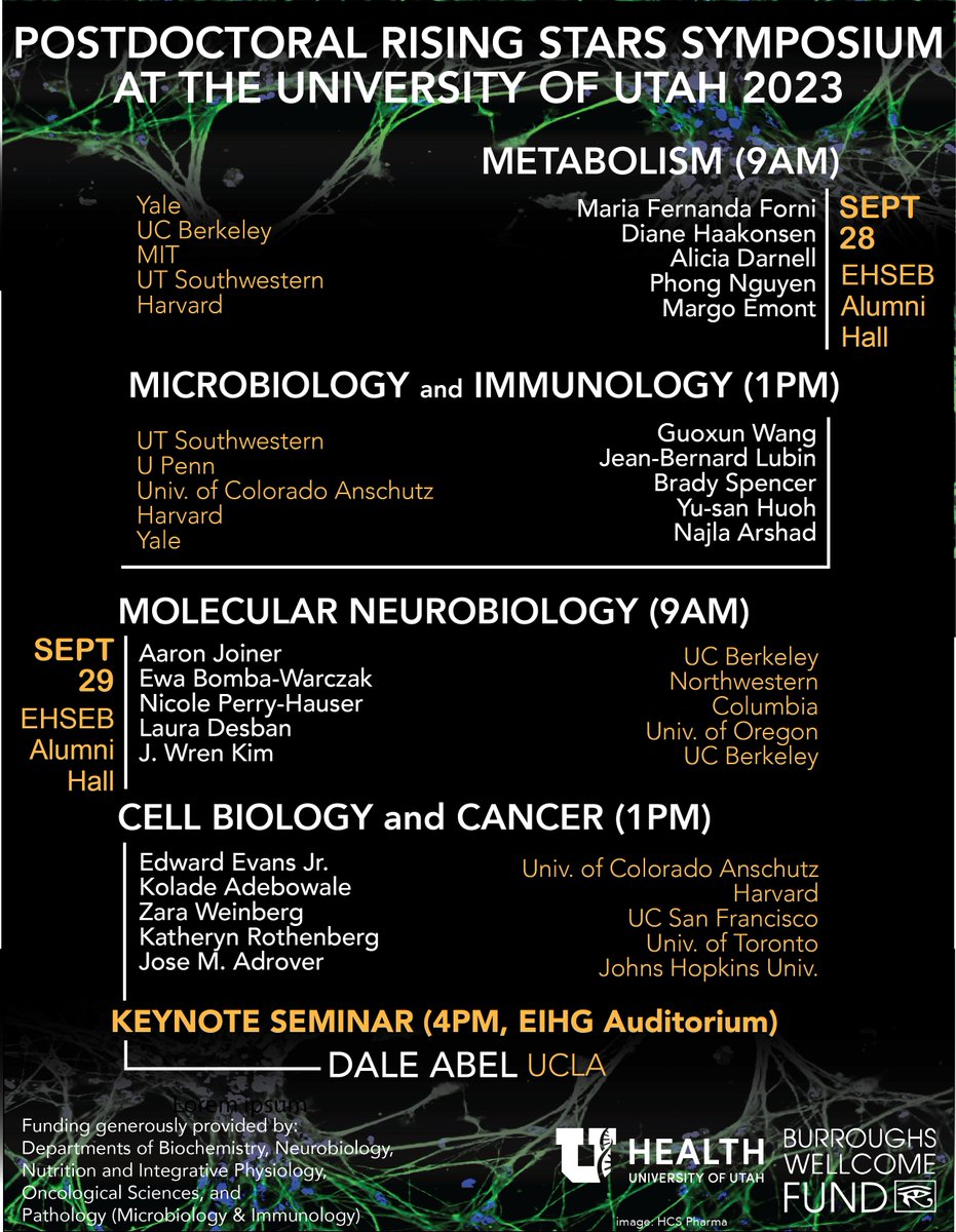 VERY excited to announce our wonderful speakers for the upcoming Postdoc Rising Stars Symposium at U of Utah! 4 sessions, 20 speakers, 1 keynote - It's sure to be an awesome event! @UofUBiochem @huntsmancancer @UtahNeurosci @uofunuip @UofUDMRC @UofUMandI