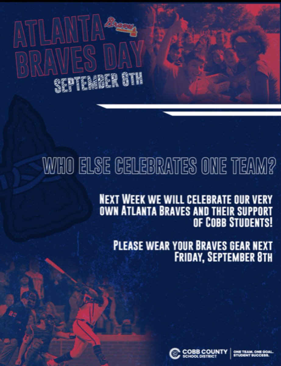 Don’t forget to rock your <a href="/Braves/">Atlanta Braves</a> gear Friday to celebrate the home team and all of their support! <a href="/CobbSchools/">Cobb County Schools</a> <a href="/principalhoward/">Monica Howard</a> <a href="/karenosterhoud1/">Karen Osterhoudt</a>