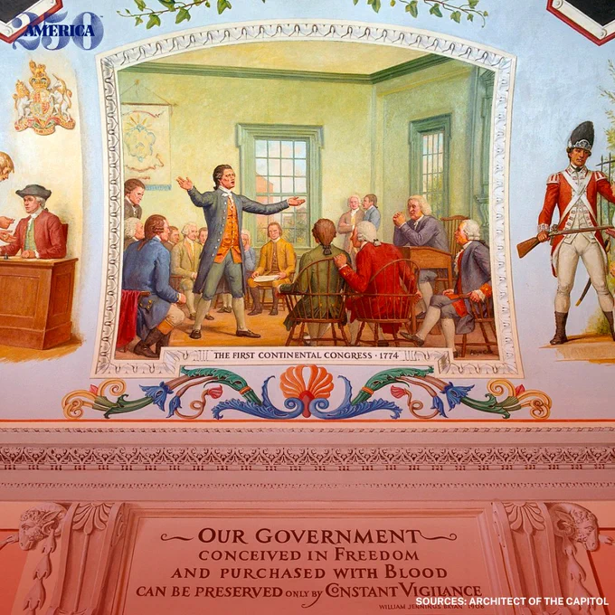 A colorful image of the first Continental Congress in the United States meeting in Philadelphia on September 5th, 1774. In the upper right corner is the America250 logo. 