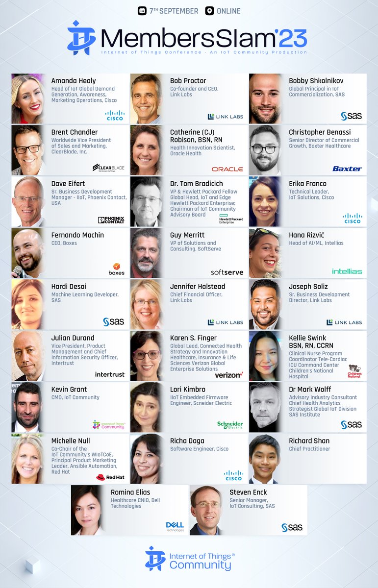 Check out this amazing list of speakers presenting at the <a href="/IoTCommunity/">IoT Community®</a> Members Slam 2023. Hear from industry leaders representing the movers and shakers.
Thursday September 7th, 8:30 am est. Live, Online &amp; Free!
iotslam.com/iot-slam-confe…
#IoTCommunity #IoTSlam #IoT #MembersSlam