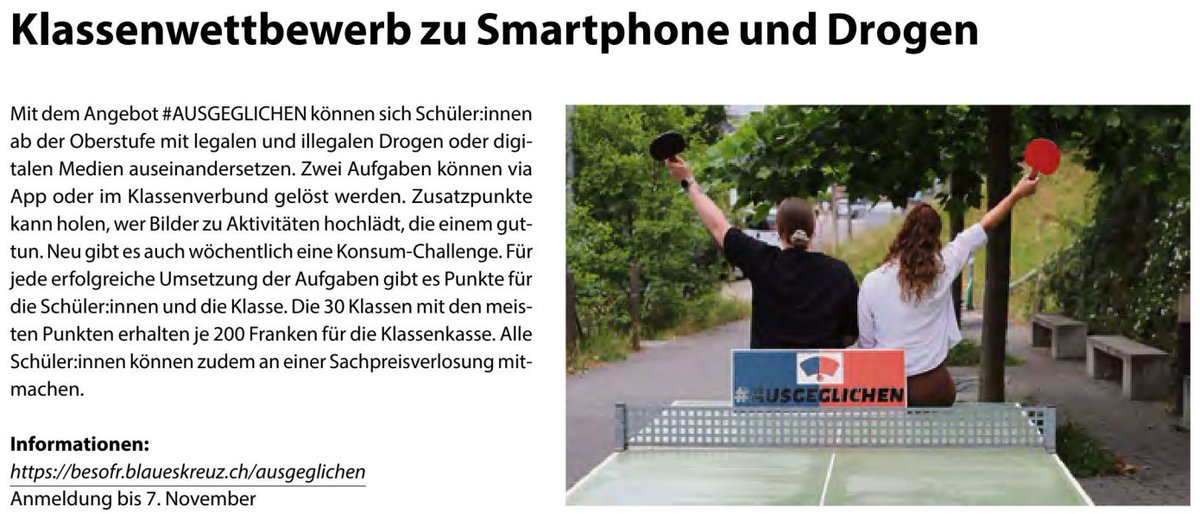 Auch im Kanton BE können alle Schulklassen ab der Oberstufe mitmachen und gewinnen. ➡️besofr.blaueskreuz.ch/ausgeglichen⬅️ #Alkohol #Tabak #Cannabis #online #Konsum 
Hier der Beitrag aus der Zeitschrift "BERNER SCHULE" von <a href="/Bildung_Bern/">Bildung Bern</a>.