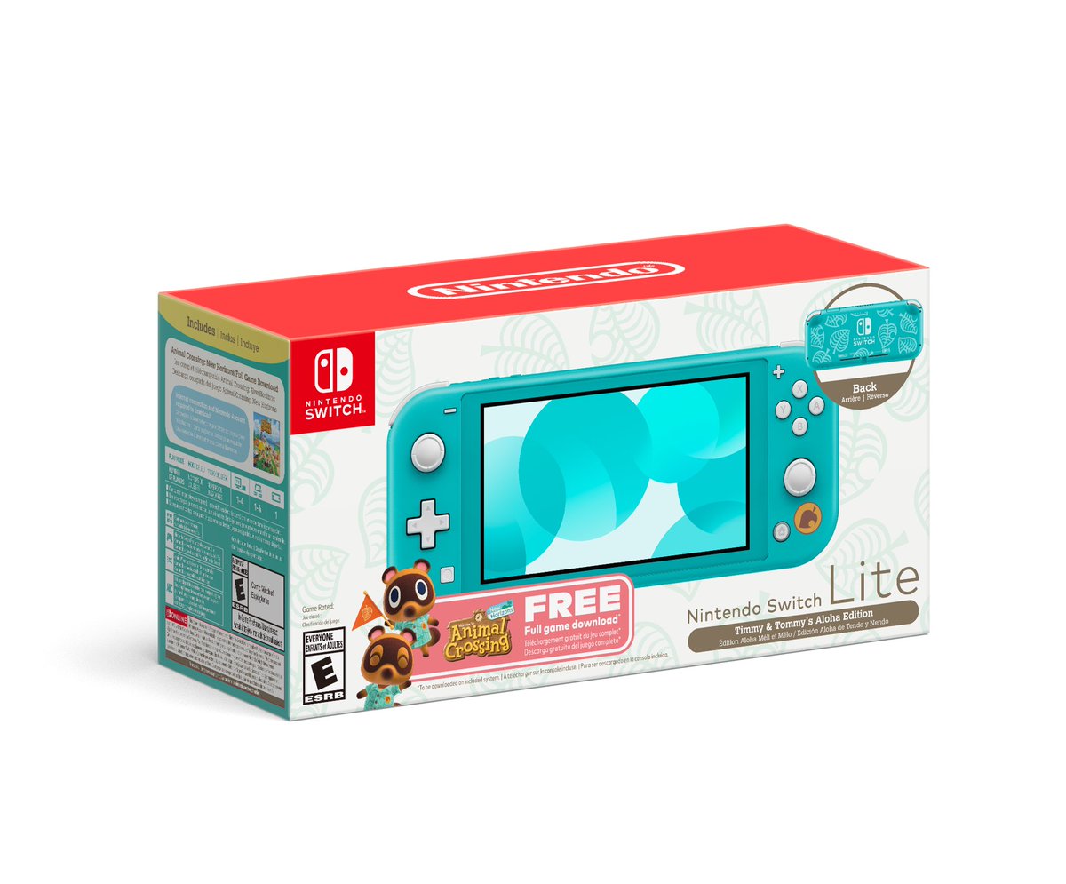NintendoAmerica's tweet photo. Also available 10/6, two new Nintendo Switch Lite bundles for Animal Crossing: New Horizons, featuring leaf designs and a digital copy of the game!

The Nintendo Switch Lite (Isabelle’s Aloha Edition) Bundle will be available exclusively at Target, and the Nintendo Switch Lite (Timmy & Tommy’s Aloha Edition) Bundle will be available exclusively at Walmart.